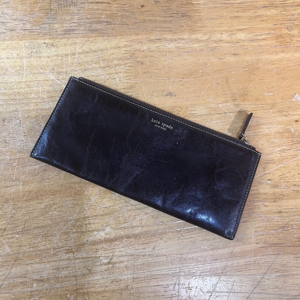 Kate Spade New York Dark Brown Leather Slim Zip Clutch Wallet Vtg Style